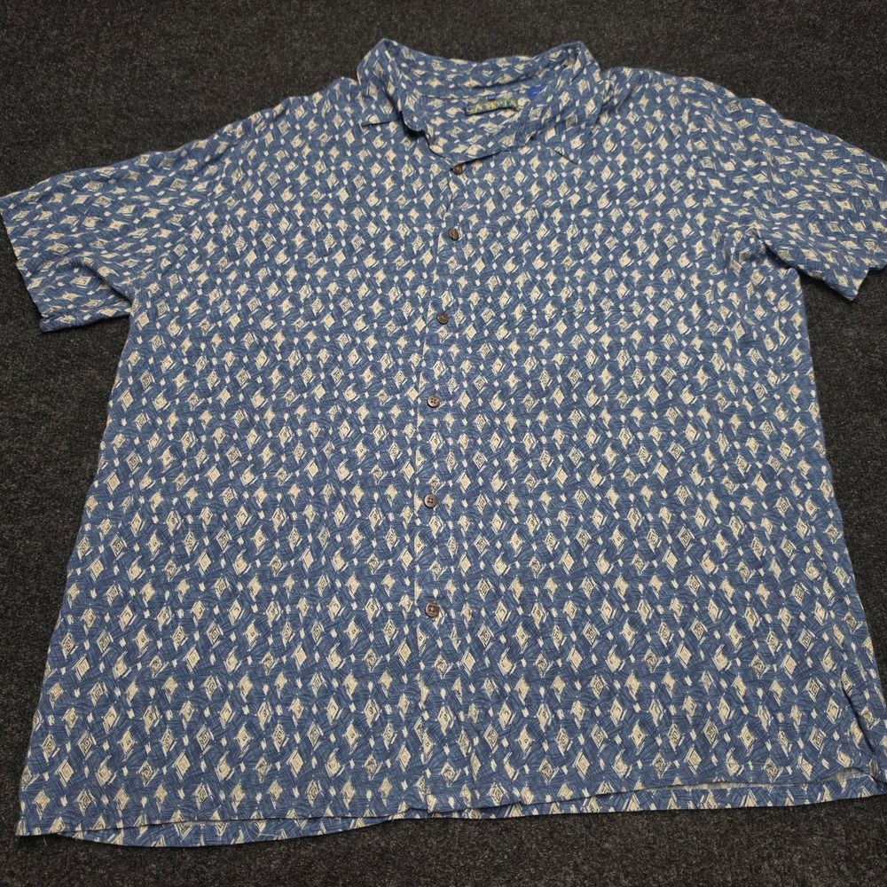 Campia Moda Mens XXL Blue Geometric Diamond Print Rayon Short Sleeve Button Down